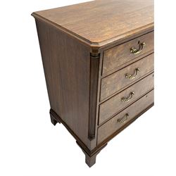 George III oak chest, moulded rectangular top with canted corners, fluted quarter column uprights, fitted with two short and three long cock-beaded drawers, on bracket feet