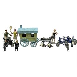 Selco Services gypsy caravan with horse, figure and steps; die-cast tandem combination; motorcycle with rider; die-cast girl-on-swing; and twelve various lead figures by Johilco etc