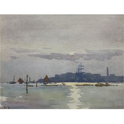 Ernest Dade (Staithes Group 1864-1935): 'Poole Harbour Dorset', watercolour signed with initials, signed and inscribed on the margin 'With Best Wishes for 1915 from Ernest Dade' 16.5cm x 21.5cm
Provenance: with T B & R Jordan exh. 35 year Anniversary Exhibition, Harrogate 2009, labels verso