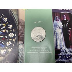 Coins and stamps, including The Royal Mint Great Britain 1970 coin set in plastic holder, 2006 'Brunel' coin cover containing two commemorative two pound coins, Alderney 2006 sterling silver proof five pounds, two 2007 five pound coins in card folders, two limited edition mint first class stamp sheets each comprised of ten first class stamps, various first day covers many with special postmarks housed in 'Royal Mail' boxes etc