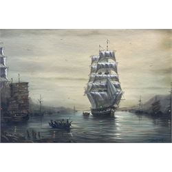 John Trickett (British 1952-): 'Evening Calm' - A Tea Clipper in the Anchorage Foochow, oil on canvas laid on board signed, titled with artist's address verso 42cm x 63cm
Provenance: private collection; David Duggleby 17th September 2021, Lot 198