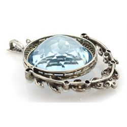 Early 20th century silver and platinum aquamarine, diamond and pearl pendant, the round cut aquamarine of approx 27.00 carat, with milgrain set diamond surround and hinged diamond and pearl set foliate drop, circa 1910-1920, in fitted box, retailed by Diss & Sons, Dewsbury