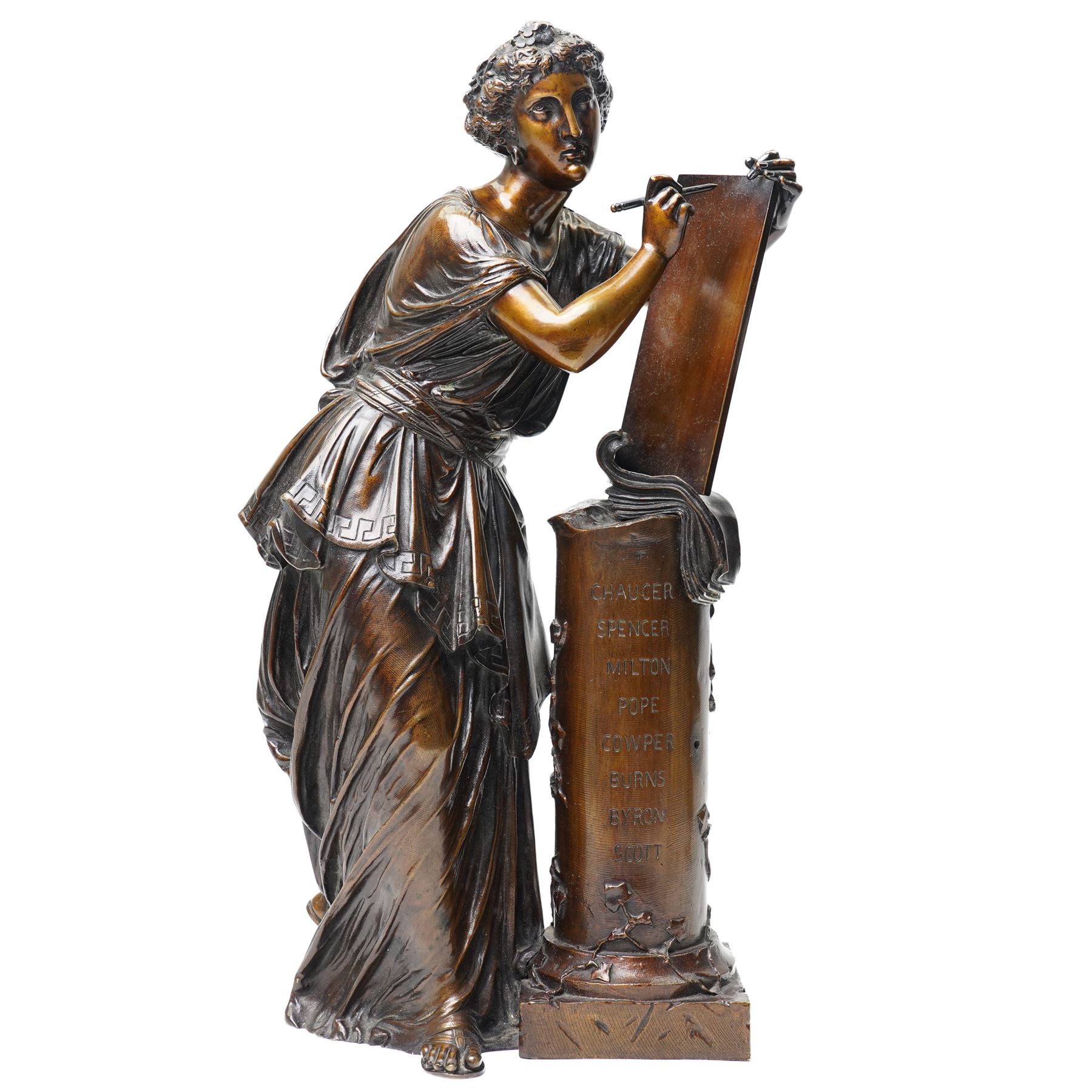 After the Antique - a pair of important 19th-century patinated bronze allegorical figures representing Calliope and Melpomene, the Muses of Epic Poetry and Tragic Drama, each modelled as a classically draped female figure standing beside a pedestal with climbing ivy, Calliope depicted writing upon a tablet, embodying poetic inspiration; Melpomene shown in contemplative pose and wearing a serpent bracelet, emblematic of wisdom, transformation and the inspired voice of drama, the pedestals inscribed respectively with the names of celebrated English poets and playwrights including Chaucer, Spenser, Milton, Pope, Cowper, Burns, Byron and Scott; the other with Shakespeare, Beaumont, Fletcher, Ben Jonson, Massinger, Congreve and Garrick, on integral square bases, each bearing incised or stamped foundry or model numbers to the underside, H47cm