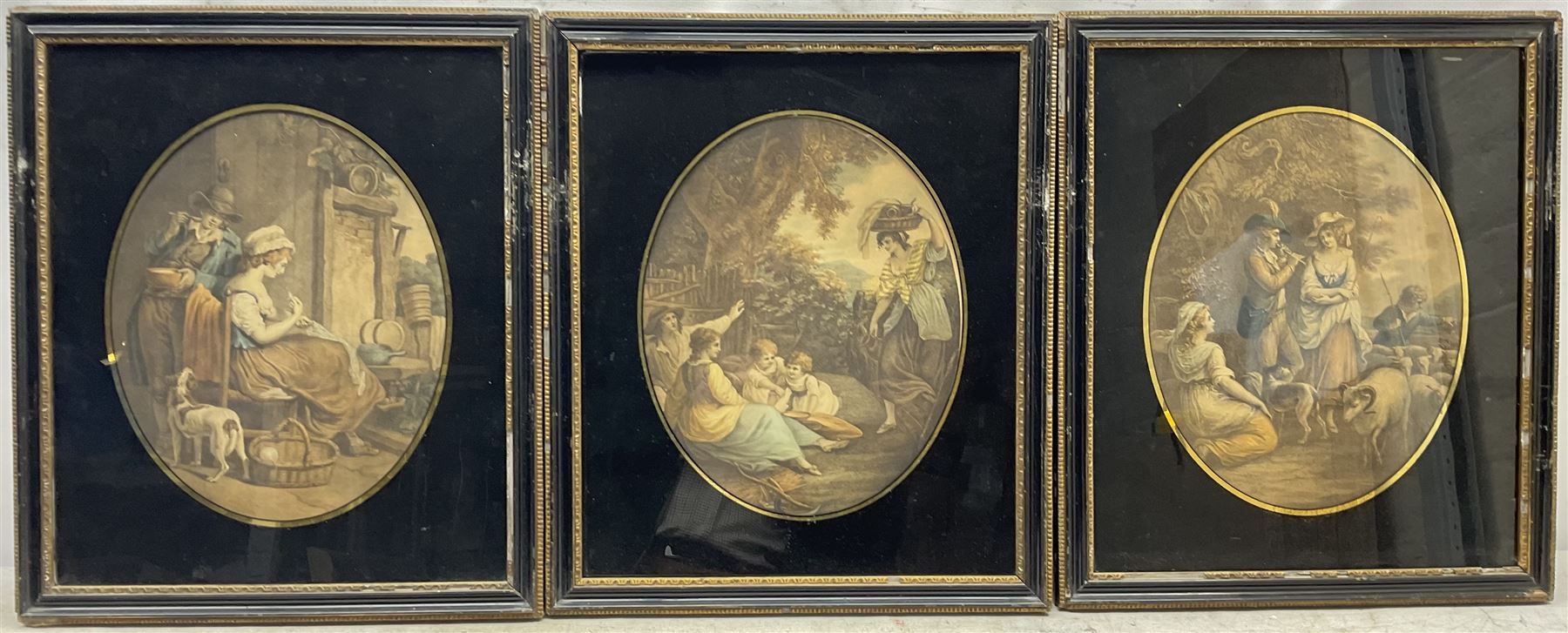 Charles Knight (British 1743-c.1826) after Francis Wheatley RA (British 1747-1801): 'The Industrious Cottager', stipple engraving with later hand-colour pub. John Jeffryes (fl.1793-1804), London 1787, together with two similar Bartolozzi engravings 29cm x 23cm in matched verre églomisé Hogarth frames (3)
