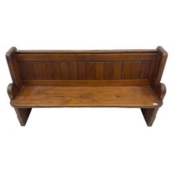 Victorian pitch pine pew, shaped ends, panelled back