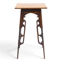 Art Nouveau design mahogany side table, square moulded top over pierced scroll shaped apro...