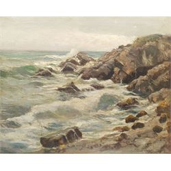 Jeno Karpathy (Hungarian 1870-1950): Waves Breaking on the Coast, oil on canvas signed 63cm x 79cm