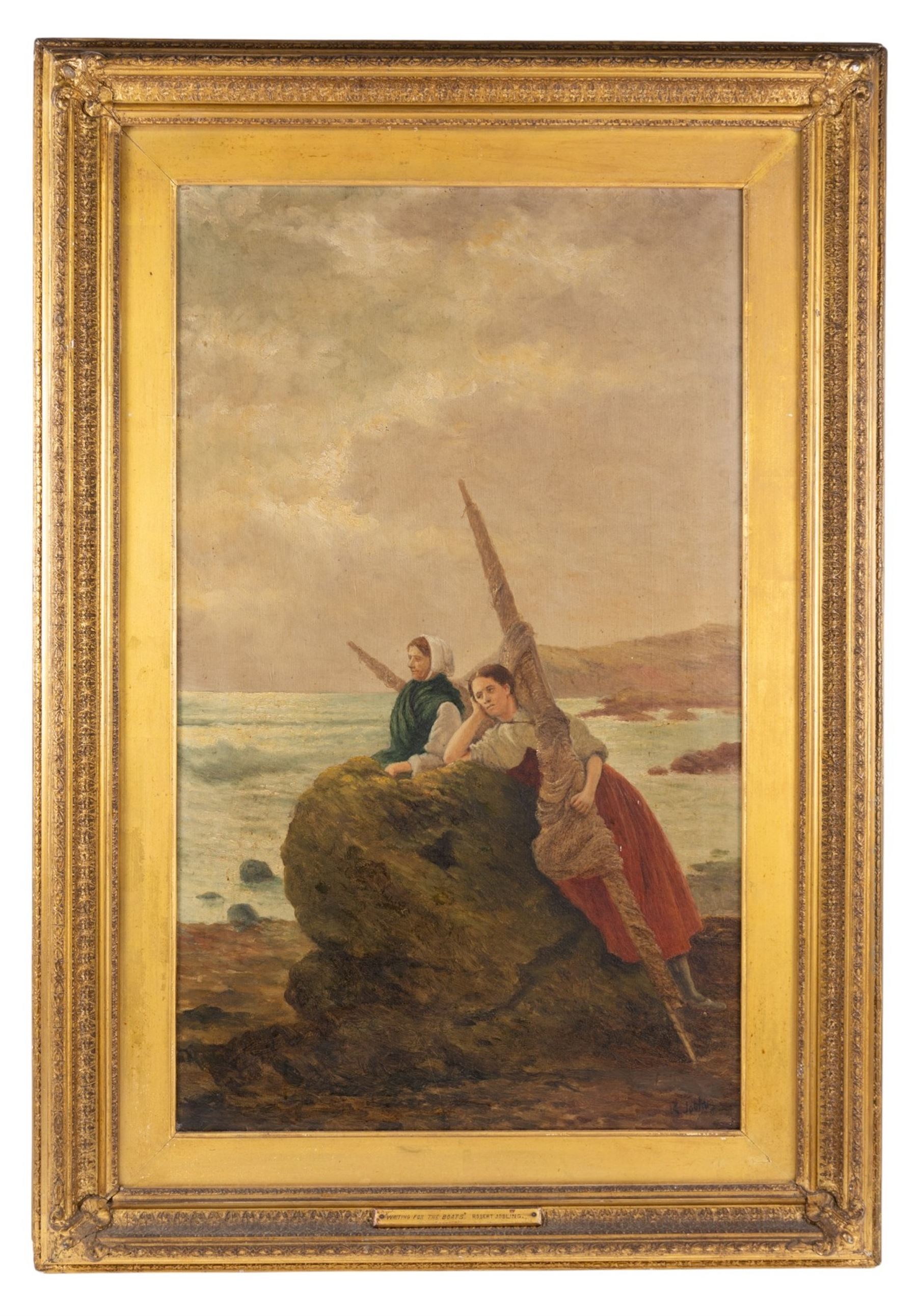 Robert Jobling (Staithes Group 1841-1923): 'Waiting for the Boats', oil on canvas signed 74cm x 44cm