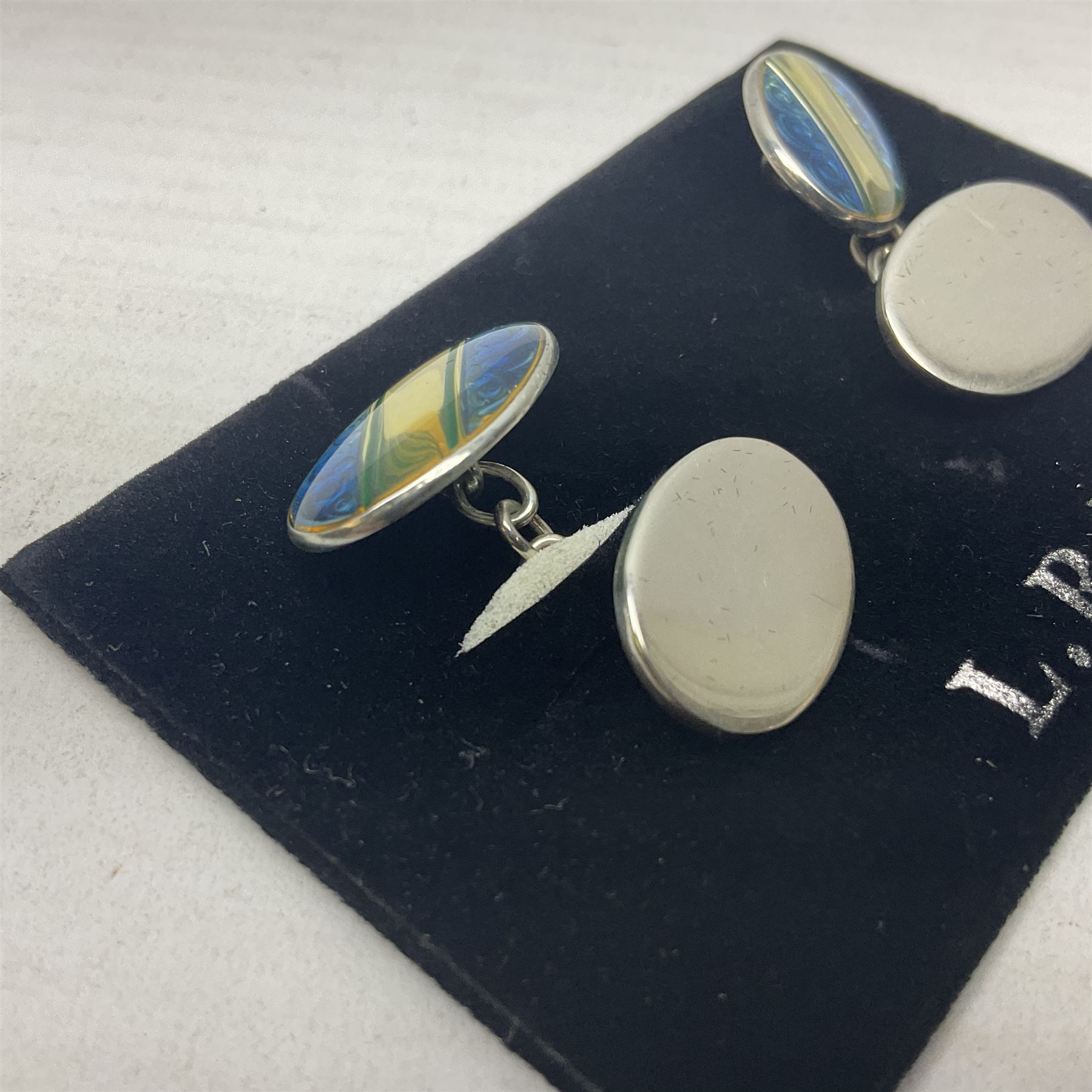 Pair of silver blue enamel cufflinks, hallmarked 