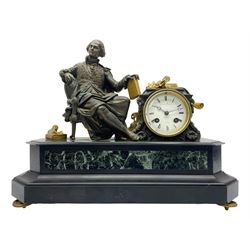 French - 19th century Belgium slate and marble 8-day mantle clock c1860, surmounted with a cast brass figure of the French poet  Ernest Legouve, holding a copy of his collection of poems 