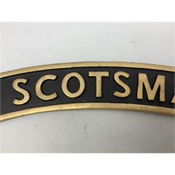 Cast iron Flying Scotsman arched railway type sign, L70cm