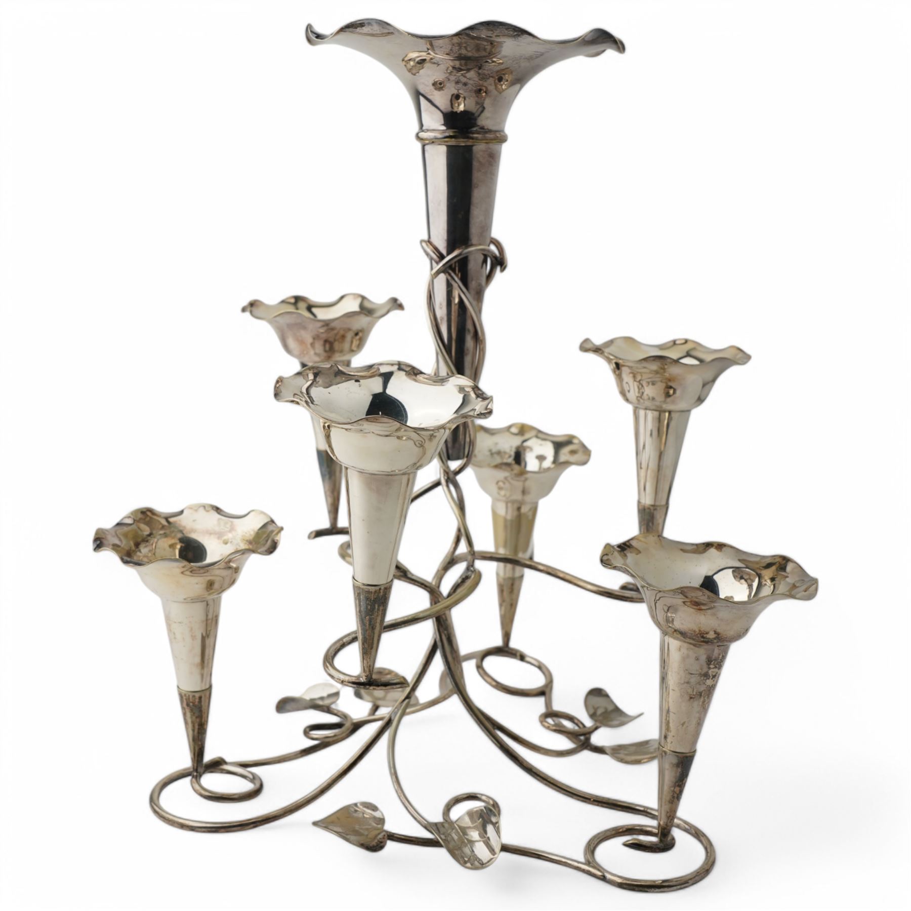 Silver plated seven branch epergne with trumpet shape vases with scroll leaf branches H36cm