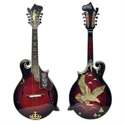 Eastern eight-string mandolin with red sunburst finish and mother-of-pearl inlay of eagles, clouds, trees etc L86cm; in fitted hard carrying case