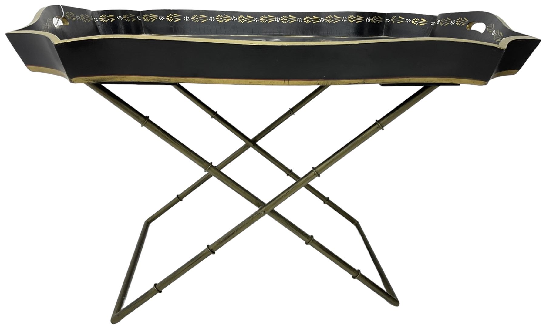 19th century design Chinoiserie style lacquered tray, painted with traditional scenes with figures and pagodas with gilt detail, on a folding simulated bamboo metal stand