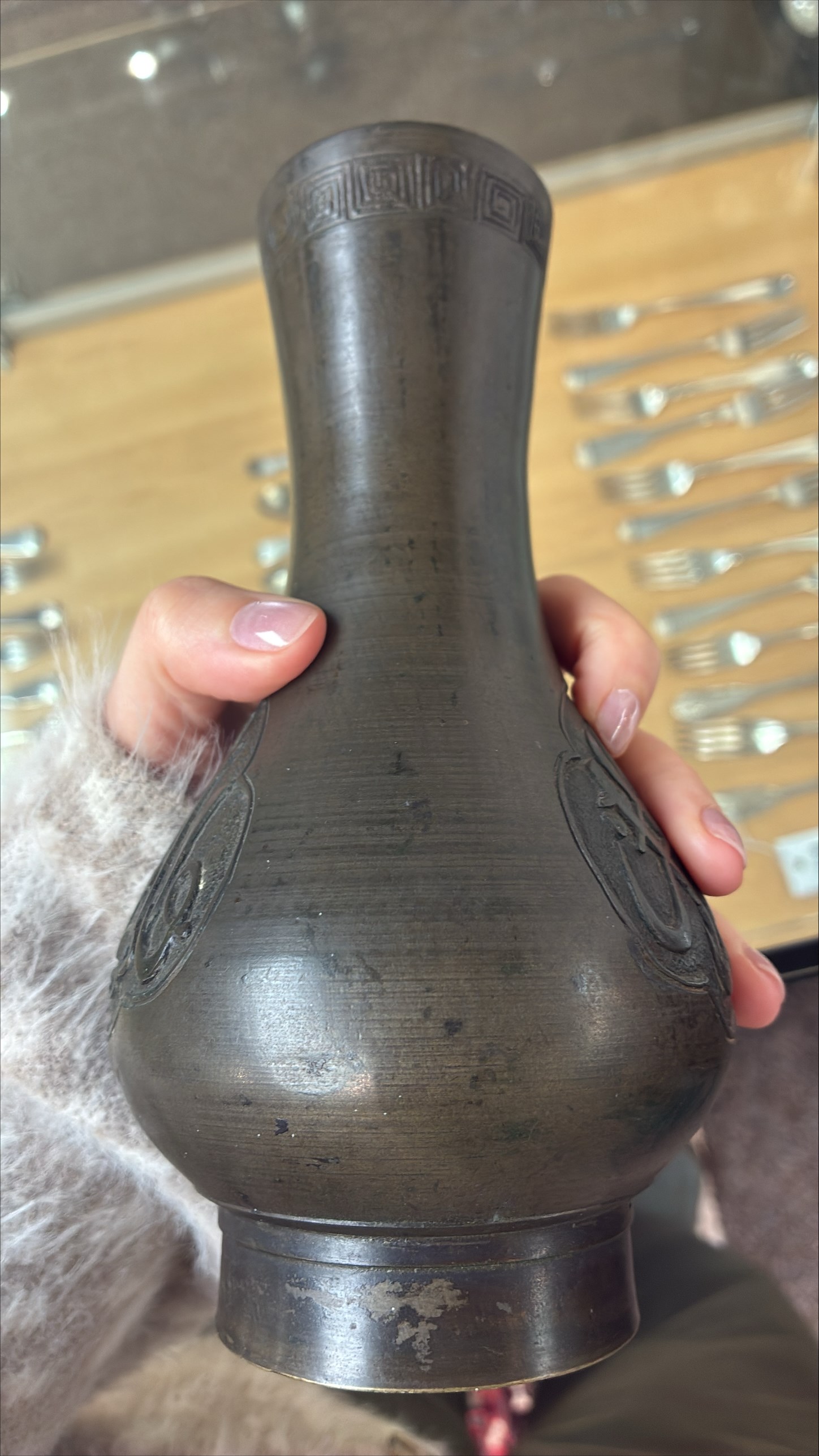 Chinese bronze vase, the cartouches containing Arabic characters on a granulated ground, unmarked H19cm