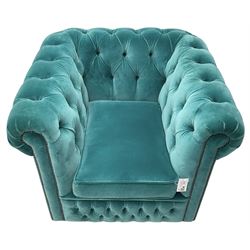 Sofas by Saxon - Chesterfield shape armchair, upholstered in buttoned aqua blue velvet fabric