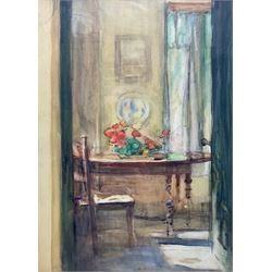 Mark Senior (Staithes Group 1864-1927): The Dining Table at Hillside, watercolour unsigned 36cm x 26cm 
Provenance: exh. Michael Parkin Fine Art, 'Mark Senior 1864-1927 of Leeds and Runswick Bay and a few friends', 22nd May - 22nd June 1974, no.9 (titled 'The Interior of the Artist's Home - Runswick'), label verso; by direct descent through the artist's family - never previously been on the market. 
Notes: In 1919, Senior bought a parcel of land at Runswick Bay belonging to his pupil Gertrude Hudson; here, he built the cottage 'Hillside', in which he and his family would stay every summer, until he passed away in the cottage on New Year's Day 1927. Senior is buried in the churchyard at St. Hilda's in Hinderwell.