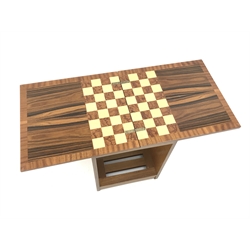  Art Deco style lamp table, hinged top enclosing chessboard, single drawer, solid end supports joined by slatted base, W38cm, H57cm, D81cm (max)  