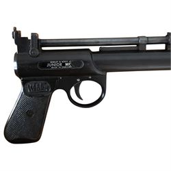 Webley Junior MK II .177 air pistol, the chamber marked 'Webley & Scott Ltd. Junior MK II Made in England', with black chequered grip