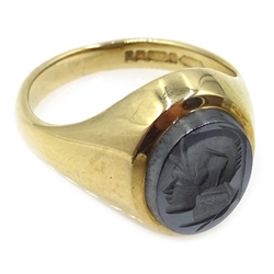  9ct gold hematite ring with intaglio centurion, hallmarked boxed  