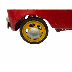 1950s child's tin-plate pedal car, possibly by Tri-ang, painted white and red and named 'Crusader' L104cm