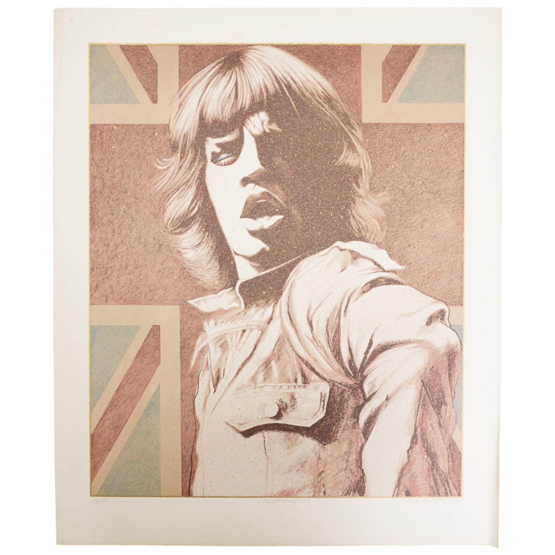 David Oxtoby (Yorkshire Pop Artist 1938-): Mick Jagger (Rolling Stones) - 'Golden Years' 'Jaggin' and 'Jagger Sketch', lithograph and etching in colours and pen and ink sketch signed titled and dated 1978 & '74 in pencil and pen, numbered 2/30 AP & 6/10 artists proof, respectively, max 68cm x 56cm (3) (unframed)