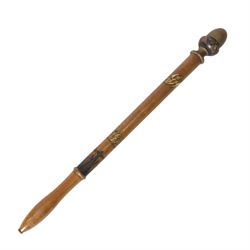 Turned wooden tipstaff, with hand painted decoration and acorn shaped finial, L57cm