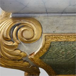 A 20th century Italian Neoclassical console table of architectural pedestal form, inspired by Roman architectural prototypes, with marble top and simulated marble scagliola-type finish; the rectangular marble top with grey veining within a black and yellow marble border, above a pedestal base finished in a finely executed faux-marble surface and enriched with parcel-gilt scrolling acanthus terminals, floral garlands, a central ribbon-tied motif in relief, and further raised flowerheads and a central gilt monogram, terminating in a stepped plinth base