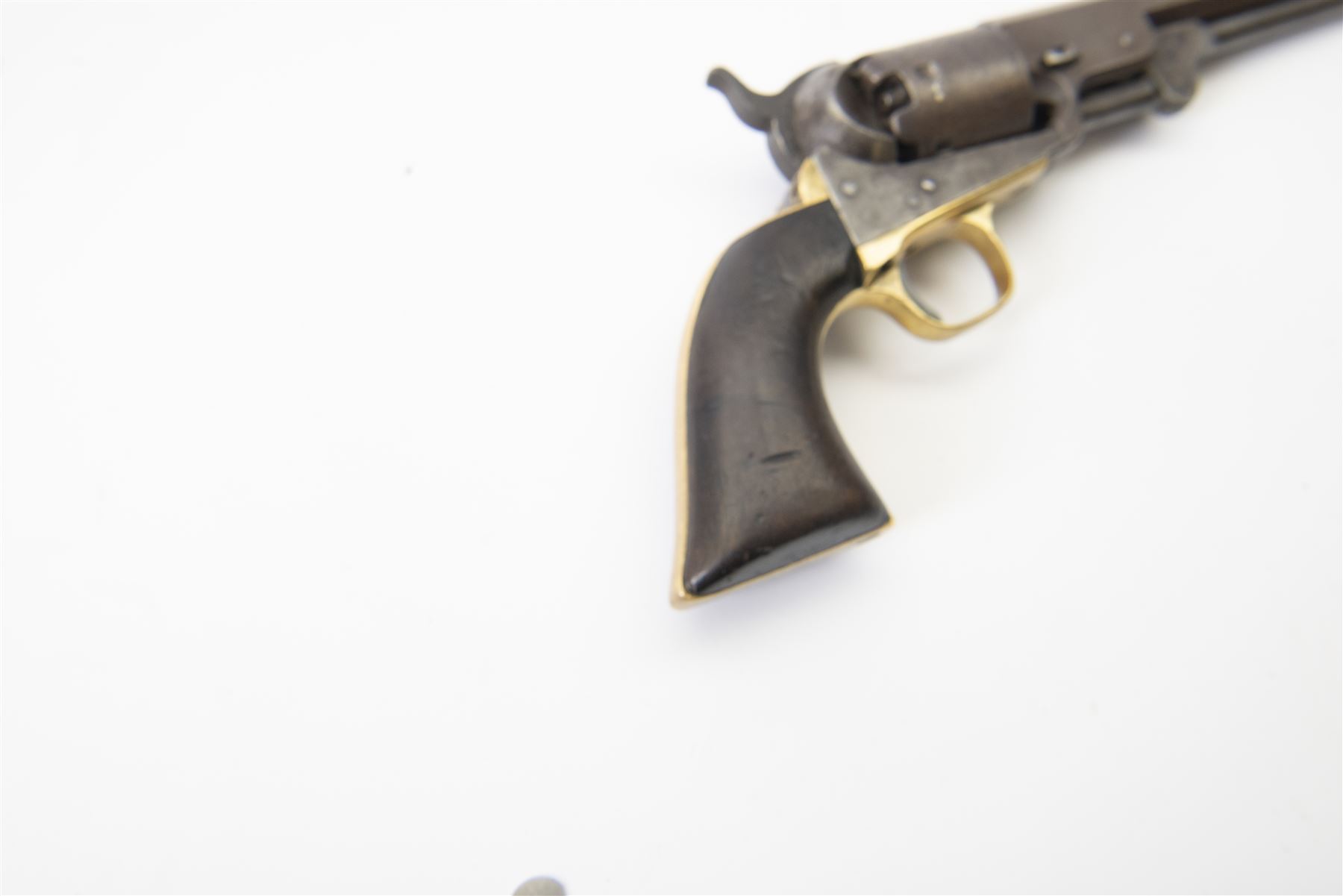 Colt .36 navy percussion revolver, with octagonal 7 1/2in. barrel top flat marked Address Col Samd Colt New York US America, frame stamped `Colts Patent' matching serial numbers, 112625, iron frame marked Colts Patent, brass grip-straps and trigger guard, smooth flared walnut grip, overall L33cm