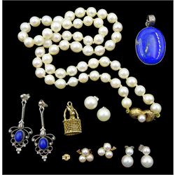 Single strand pearl necklace with 9ct gold clasp, three pairs of 9ct white and yellow gold pearl stud earrings, silver lapis lazuli pendant and a pair of silver lapis lazuli pendant stud earrings, all stamped or tested