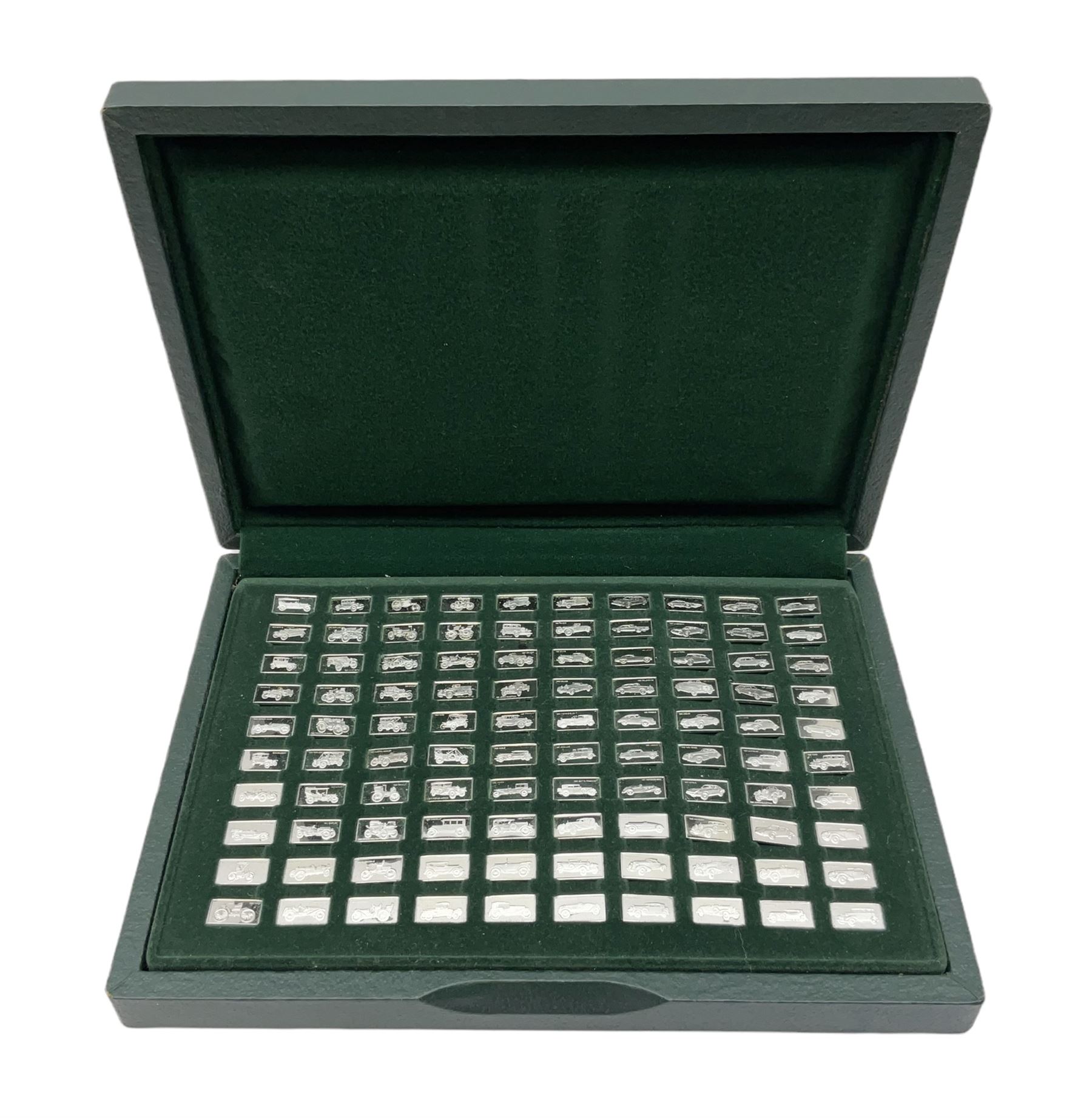 '100 Greatest Cars', set of one hundred silver miniature car ingots by John Pinchers, in presentation box 