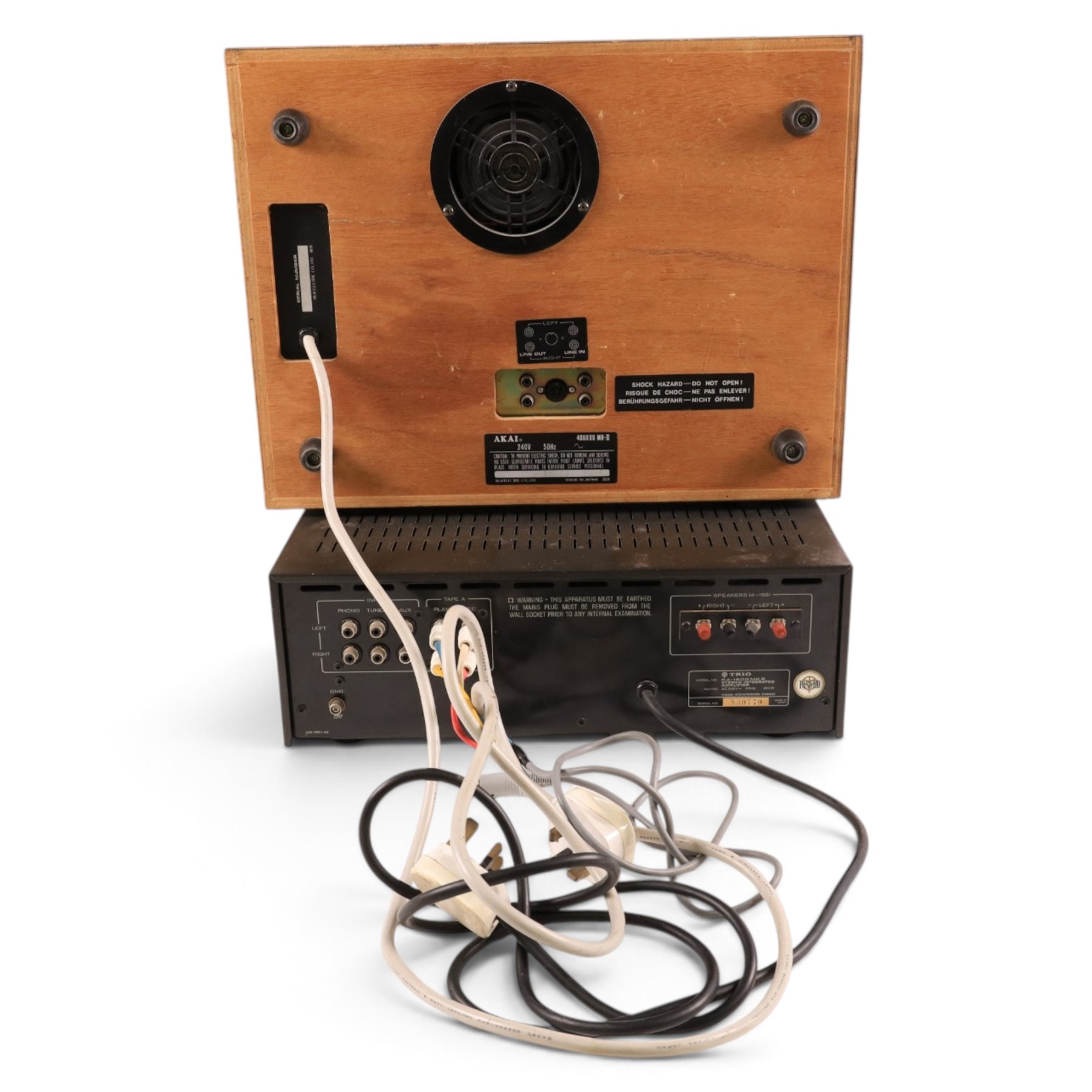 Akai 4000DS MKII reel to reel tape deck, with a Trio KA-1500 MKII Stereo Amplifier, pair of Hitachi SS-8470G MKII speakers, Wharfedale 30-D single speaker and a collection of tapes