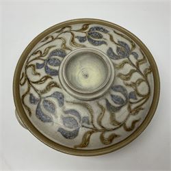 John Egerton (c1945-): studio pottery stoneware, comprising twin shallow covered dish, serving bowl and eight dessert bowls, all decorated with flowering sprigs on a cream ground, dish D28cm