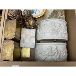 Five scallop shells, pearl nautilus shell,  pair of wooden foo dogs, gilt composite book ends and other collectables, in four boxes 