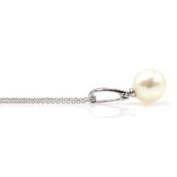 9ct white gold pearl pendant with diamond bail, on white gold necklace, stamped 375