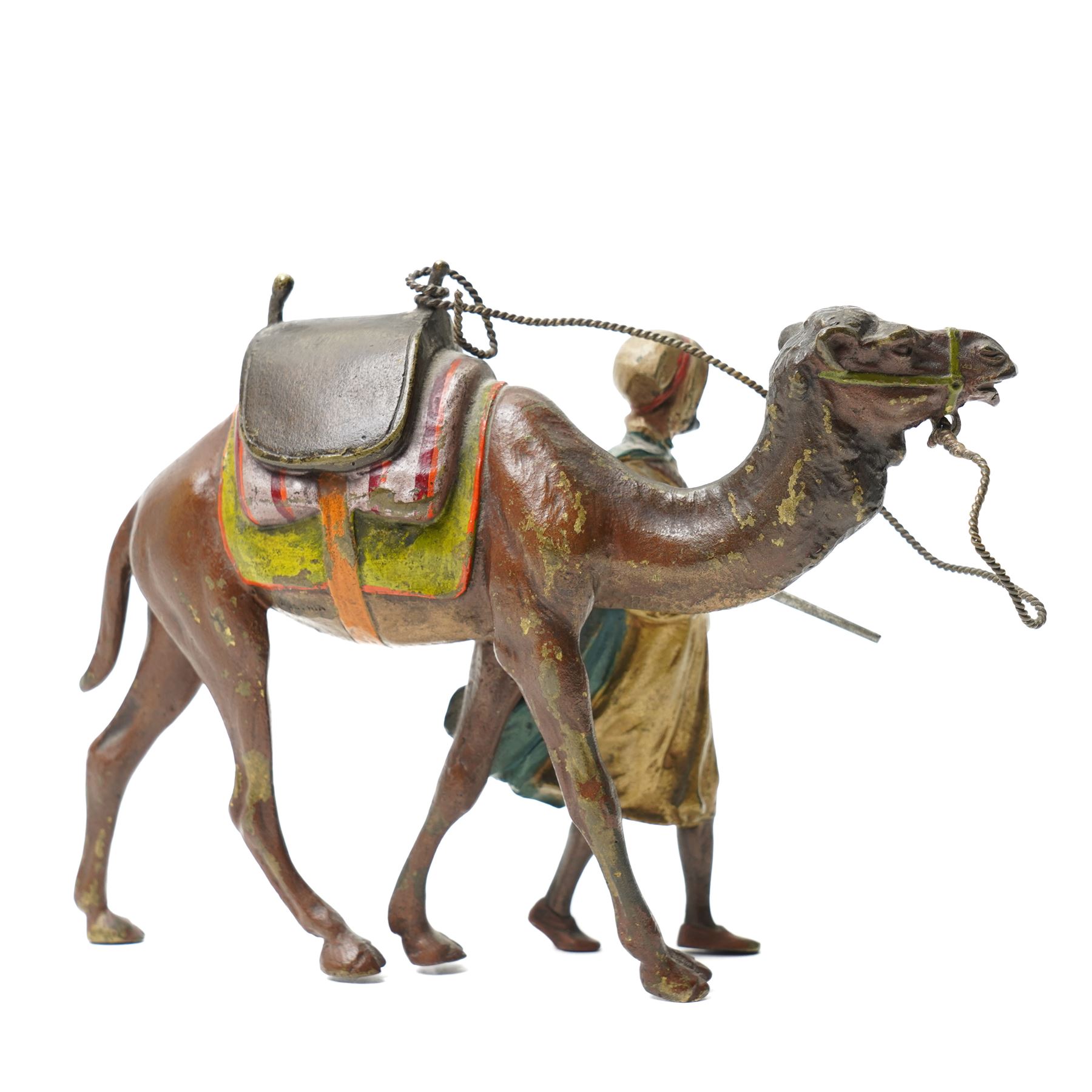 After Bergmann - Austrian School (20th Century) cold painted bronze of a Bedouin leading a camel L16cm