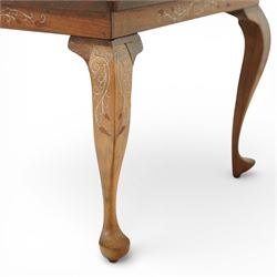 20th century Indian style bone inlaid coffee table, rectangular top profusely inlaid with scrolling foliate decoration centred by an oval medallion, matching inlay to the frieze and cabriole legs, raised on shaped feet