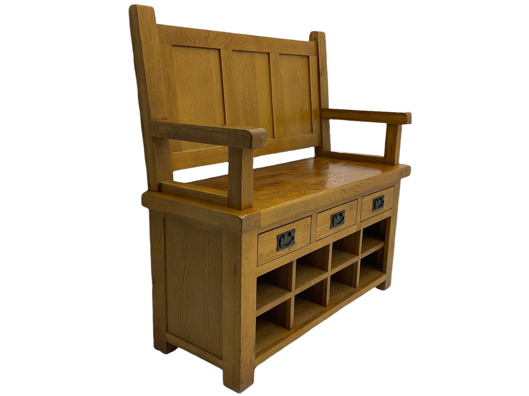 Light oak hall bench, tripled panelled back, fitted with drawers and shoe holes