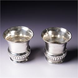 Pair of small silver vases H8cm London 1912, silver circular inkwell Birmingham 1912, cased set of six silver coffee spoons and a small silver dressing table box
