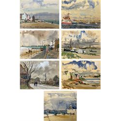 Jean Alexander (British 1911-1994): Views in Suffolk, comprising: 'Morning on the Shore - Aldeburgh July 1984', 'Sunshine on the Backwater - Aug '85 with Stephanie', 'Stormy Weather - High Sea near East Terrace Aug 1988', 'Walberswick - July 1990', 'Squally Weather near Bungay (outside Joan's house Broom Tuns) Jan 1990', 'Polzeath N. Cornwall - August 1989', and another untitled, watercolours, each signed, variously titled and dated verso, the titled 27.5cm x 37.5cm (unframed), the other 25cm x 27cm (mounted) (7)