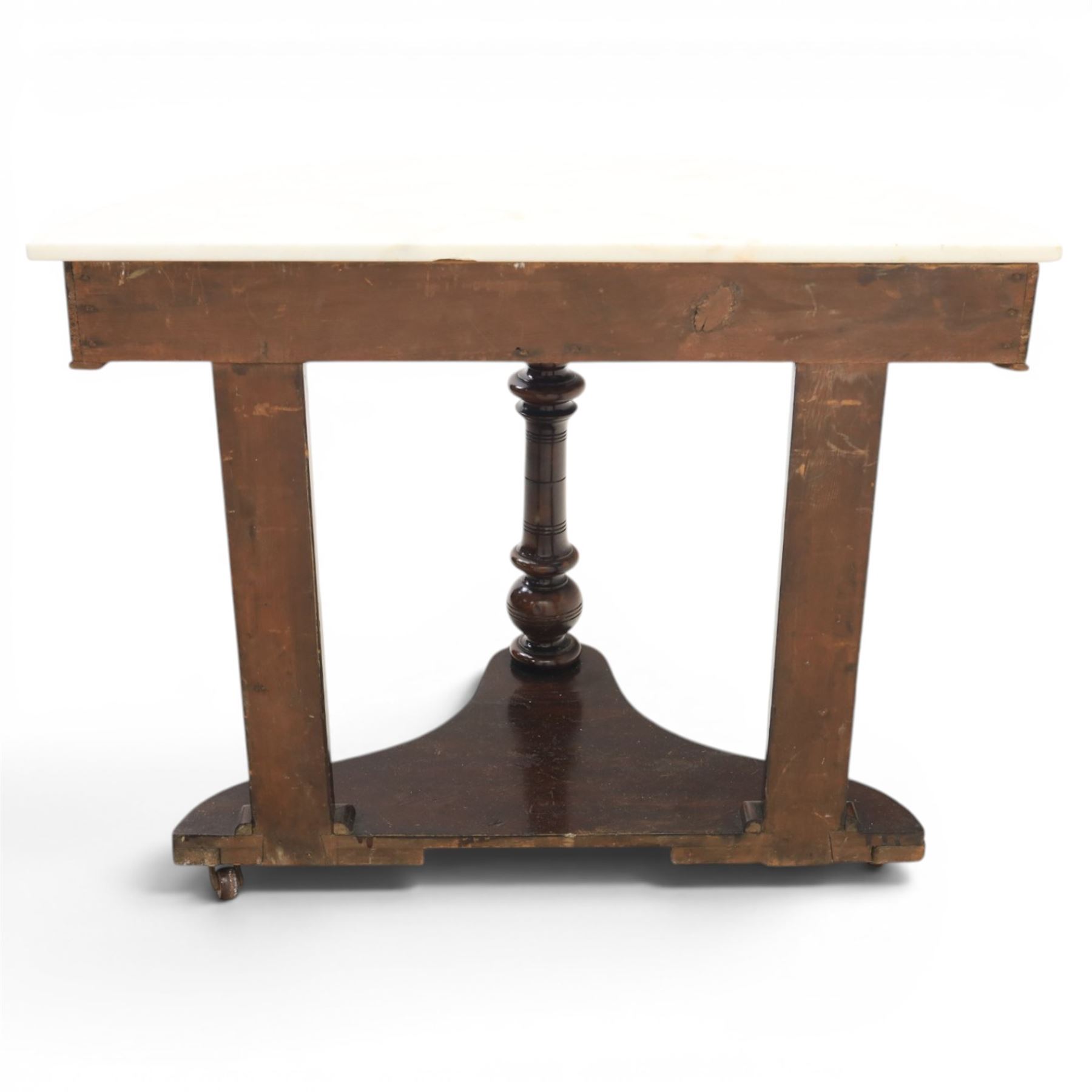 Victorian mahogany marble topped demi lune console table, raised on a turned front support, with shaped undertier, raised on castors