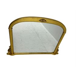 Gilt framed overmantel mirror, arched top, with scroll carved brackets
