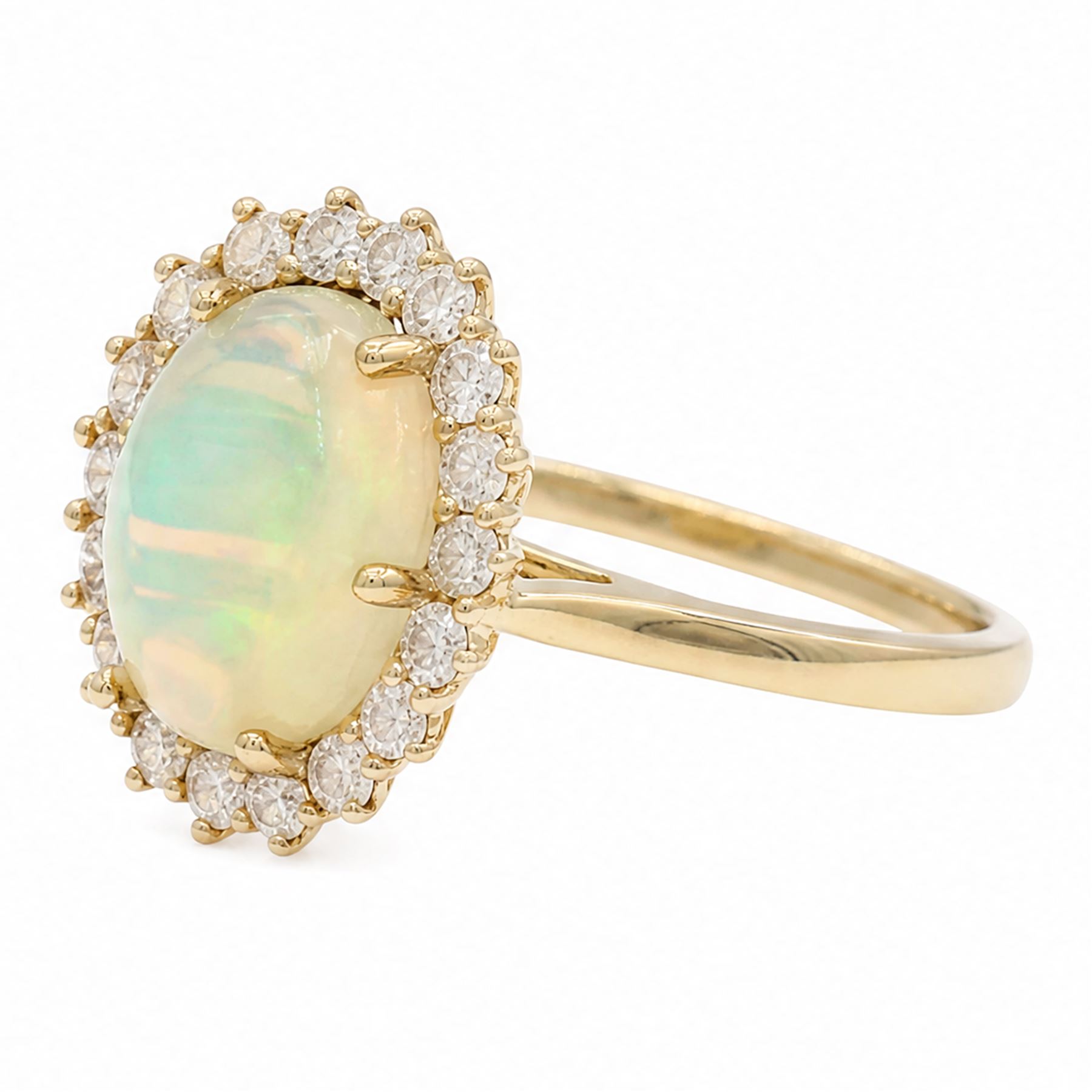 9ct gold opal and diamond cluster ring, single cabochon cut opal of approx 1.95 carat, surrounded by eighteen round brilliant cut diamonds, total diamond weight approx 0.80 carat
