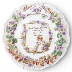 Eight Royal Doulton Brambly Hedge plates from the The Recipe Plate Collection, comprising 'Nettle Soup', 'Strawberry Shortcake', 'Mushroom Tart', 'Apple Pie', 'Elderflower Wine', 'Crystallized Violets', 'Blackberry Sorbet' and 'Honey & Nut Biscuits' (8)