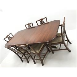 Wade Georgian style mahogany twin pedestal extending dining table, turned supports on shaped brass capped feet (W214cm, H80cm, D100cm) and set six (4+2) Chippendale style chairs, upholstered seat, square supports (W55cm)