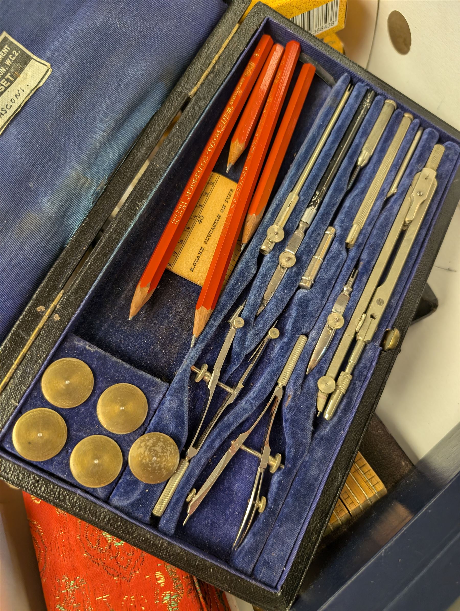 Platignum Elite fountain pen, boxed, other boxed pens, and a collection of drawing instruments and slide rules, including Rabone examples