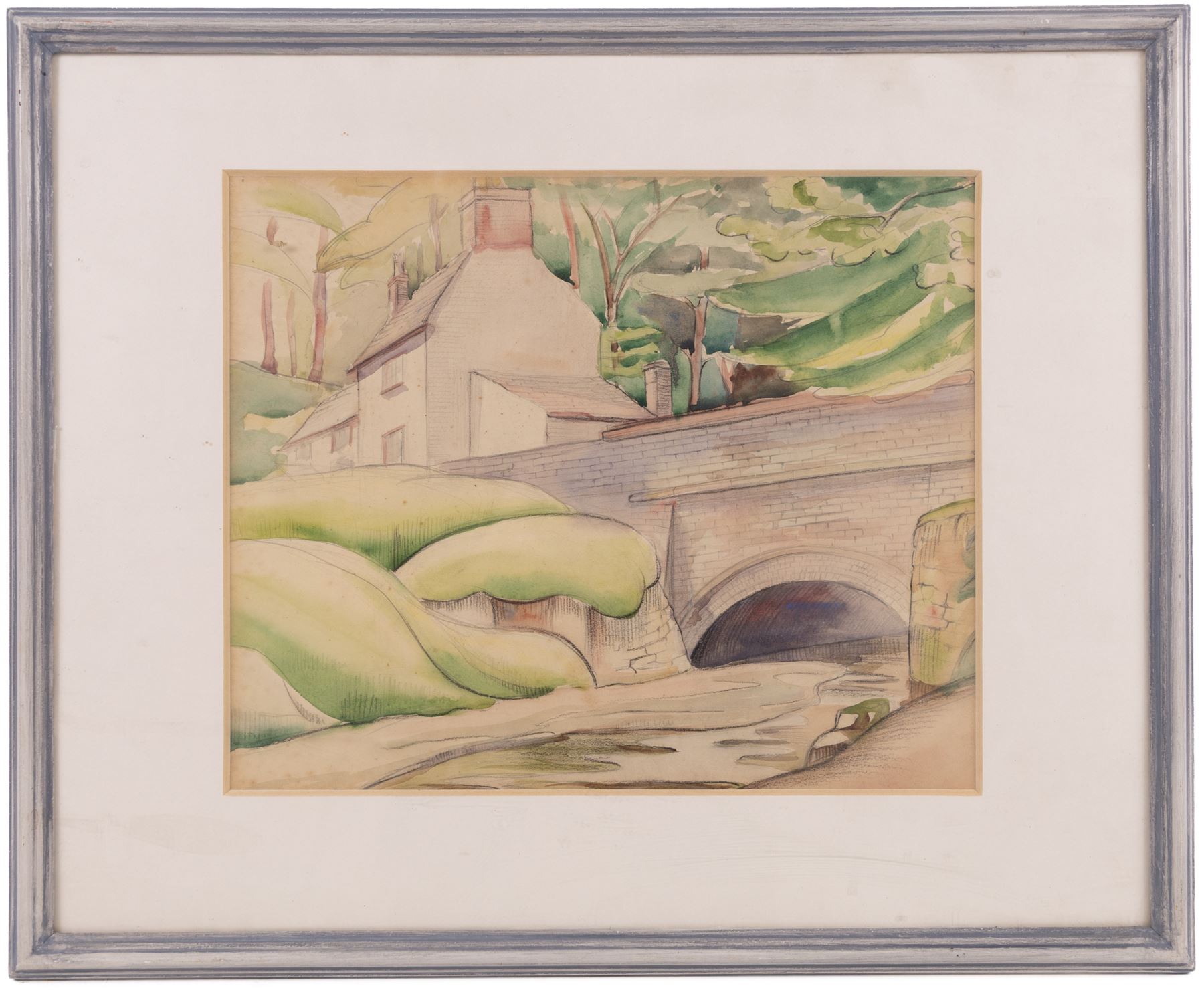 Helen Marguerite Steinthal (British 1911-1991): Forest Before the Hills, watercolour unsigned, attributed verso 23.5cm x 29cm; English School (Mid-20th Century): Bridge in the Town, watercolour unsigned 23cm x 28cm  (2)