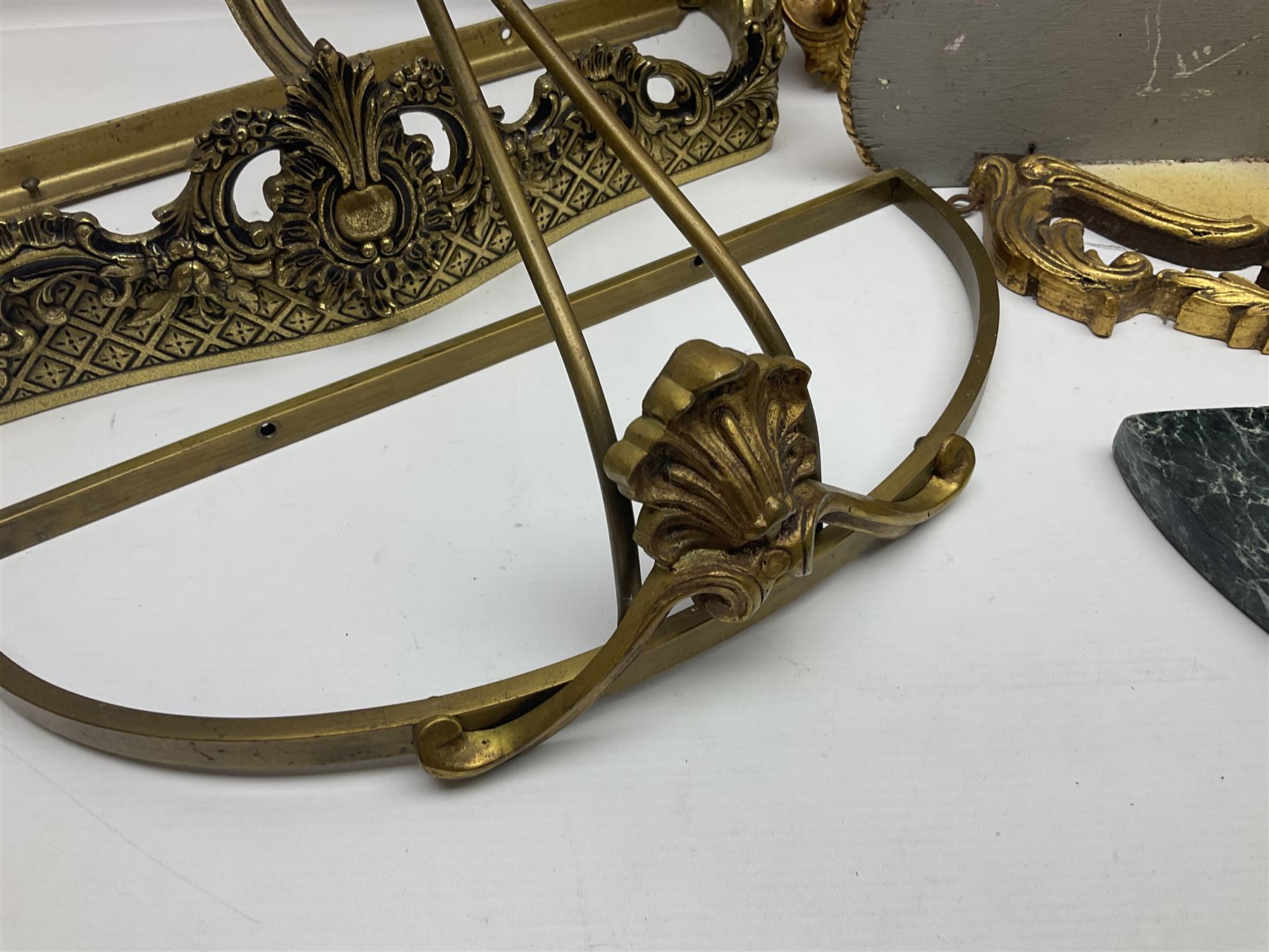 Five various giltwood and other hall brackets, one with marble top; and Viking ship table lamp