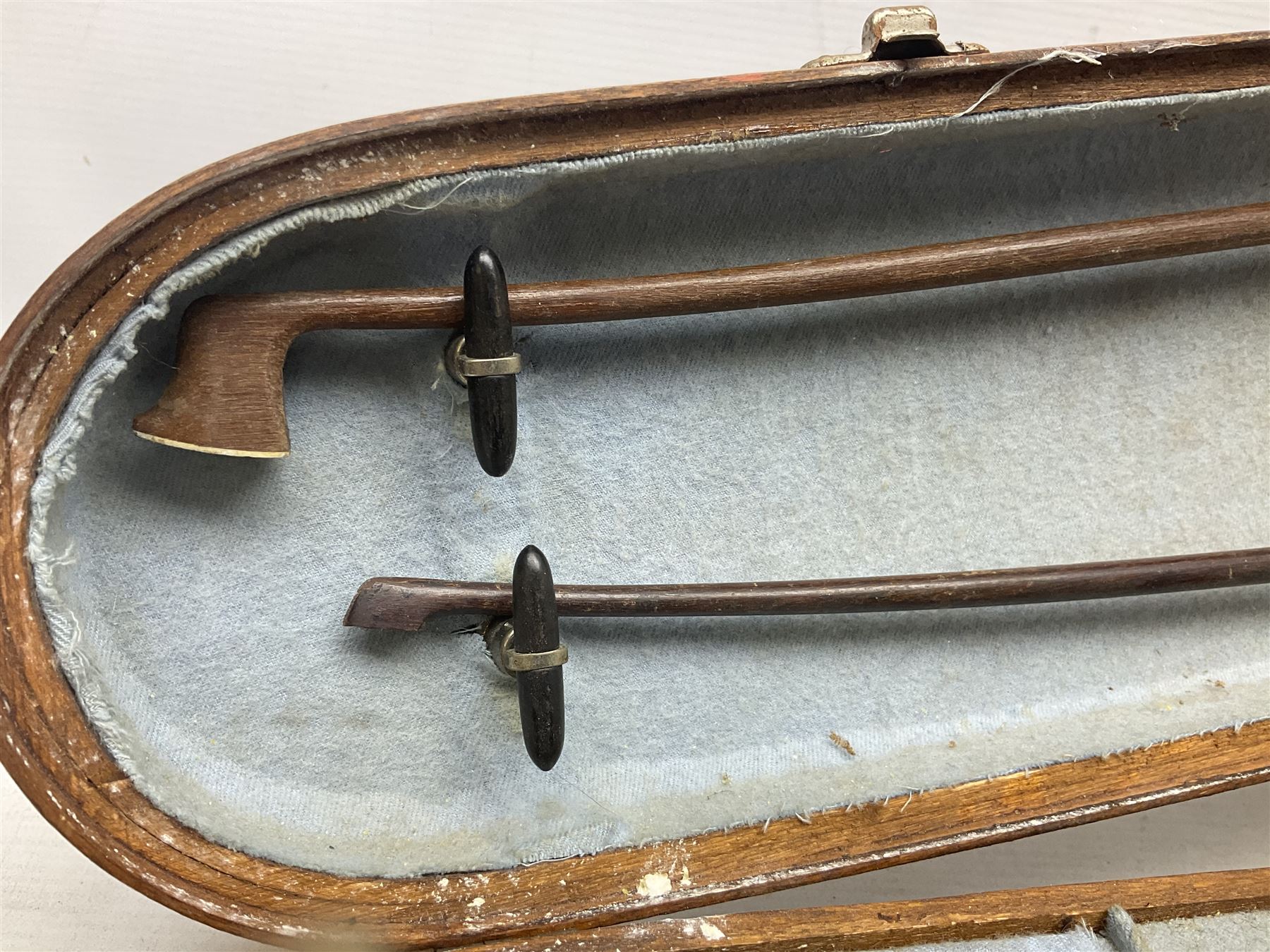 Mid-19th century German violin with 36cm two-piece maple back and ribs and spruce top, bears label 'Riccardo Antoniazzi Cremonese fece in Milano l'anno 1896' L59.5cm overall; in walnut case with two part bows