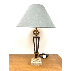  Large gilt and simulated stone table lamp of tapered form on stepped polished stone effect base, blue/grey tone Hessian type shade, H78cm  